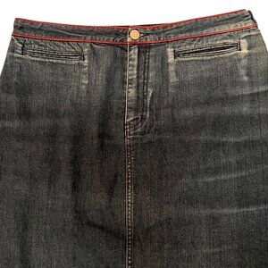 Vtg Tommy Hilfiger Denim Blue Jean Skirt Red Stitch Logo Stretch Pockets Midi